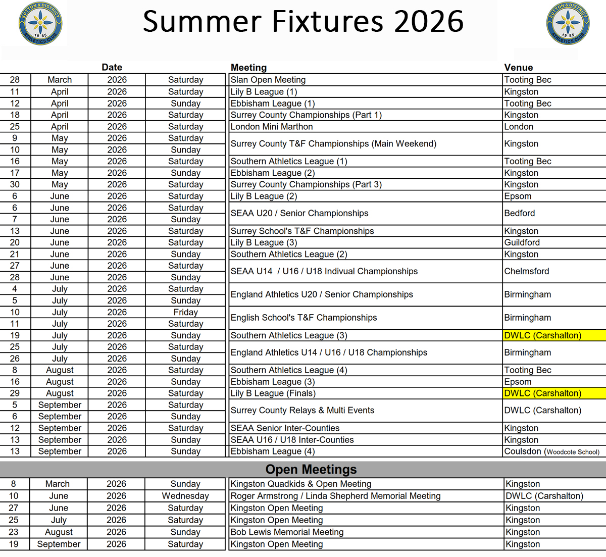 Sutton & District AC summer fixtures 2026
